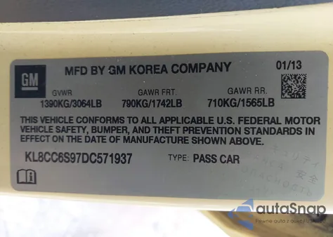 2013 Chevrolet Spark 1Lt Manual z USA, uszkodzony, nr VIN KL8CC6S97DC571937